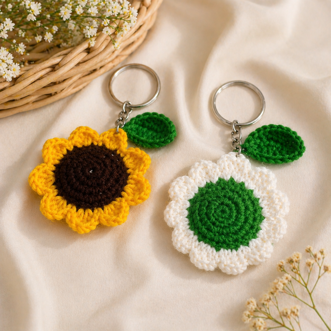 Handmade Crochet Flower Keychain Combo (Sunflower + Daisy) | Cute Aesthetic Gift | Pack of 2