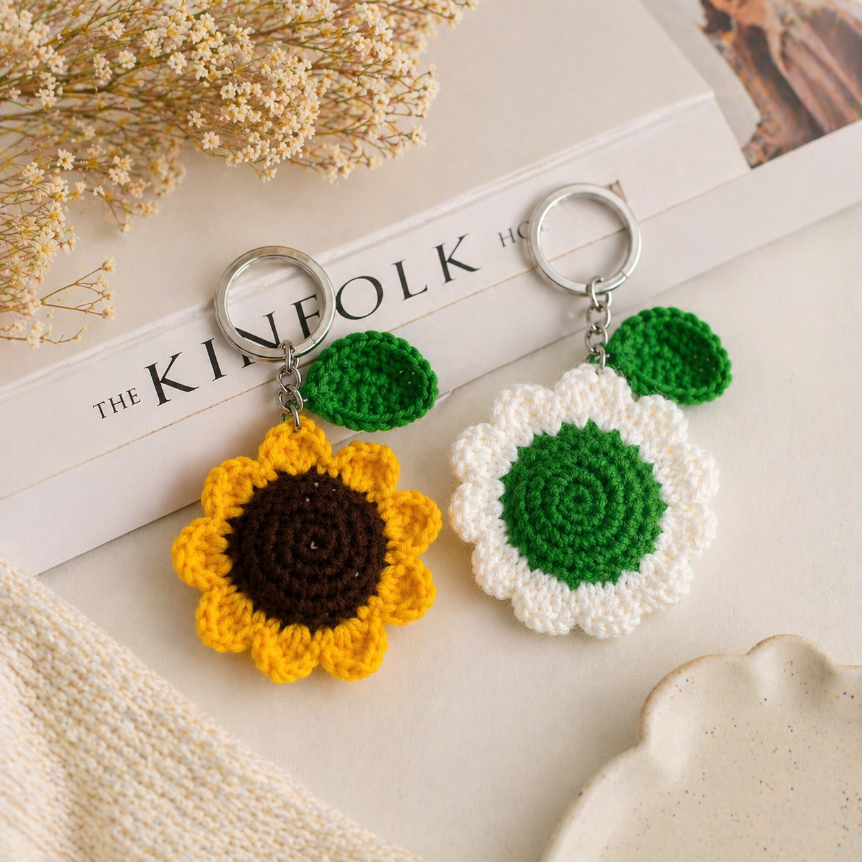 Handmade Crochet Flower Keychain Combo (Sunflower + Daisy) | Cute Aesthetic Gift | Pack of 2