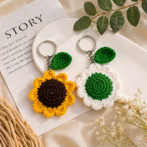 Handmade Crochet Flower Keychain Combo (Sunflower + Daisy) | Cute Aesthetic Gift | Pack of 2